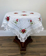 Load image into Gallery viewer, Floris Linens Molly Embroidered Rose Table Topper with Intricate Lace Pattern
