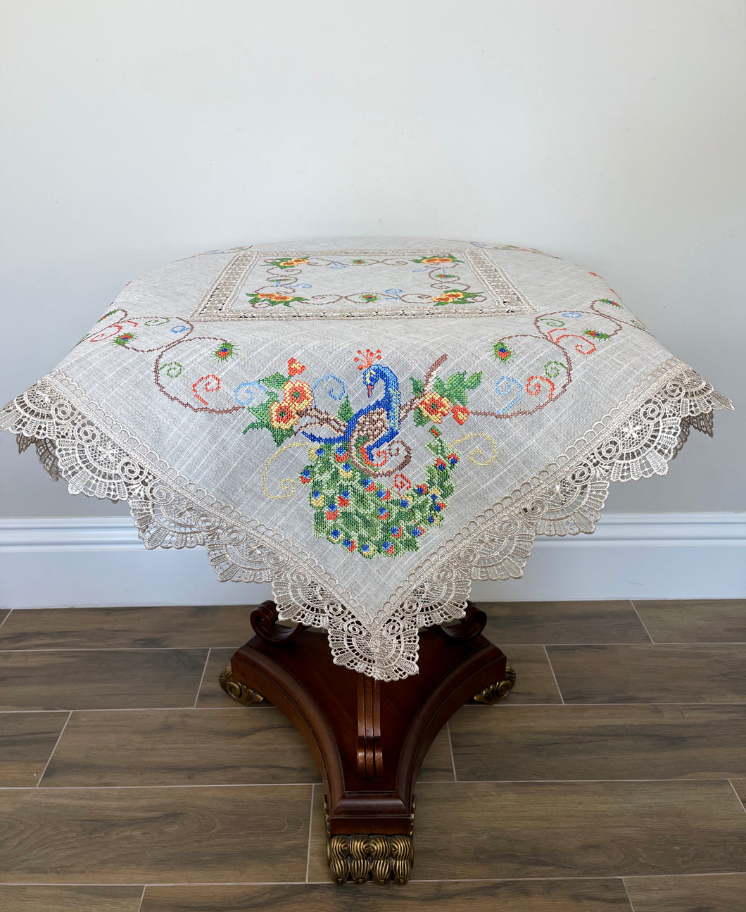 Floris Linens Peacock Embroidered Table Topper with Lace, Natural Linen Color