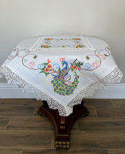 Load image into Gallery viewer, Floris Linens Peacock Embroidered Table Topper with Lace, White Color
