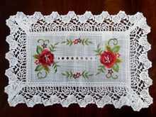 Load image into Gallery viewer, Floris Linens Molly Embroidered Rose Placemat with Intricate Lace Pattern
