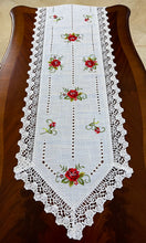 Load image into Gallery viewer, Floris Linens Molly Embroidered Rose Table Runner with Intricate Lace Pattern
