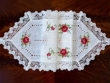 Load image into Gallery viewer, Floris Linens Molly Embroidered Rose Table Runner with Intricate Lace Pattern
