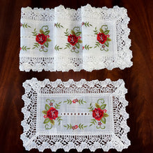 Load image into Gallery viewer, Floris Linens Molly Embroidered Rose Placemat with Intricate Lace Pattern
