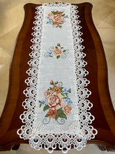 Load image into Gallery viewer, Floris Linens Judith White Lace Table Runner with Vintage Style Cross Stitched Flower Embroidery
