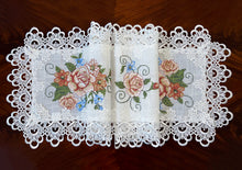 Load image into Gallery viewer, Floris Linens Judith White Lace Table Runner with Vintage Style Cross Stitched Flower Embroidery
