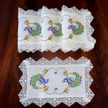 Load image into Gallery viewer, Floris Linens Peacock Embroidered Placemat with Lace, White Color
