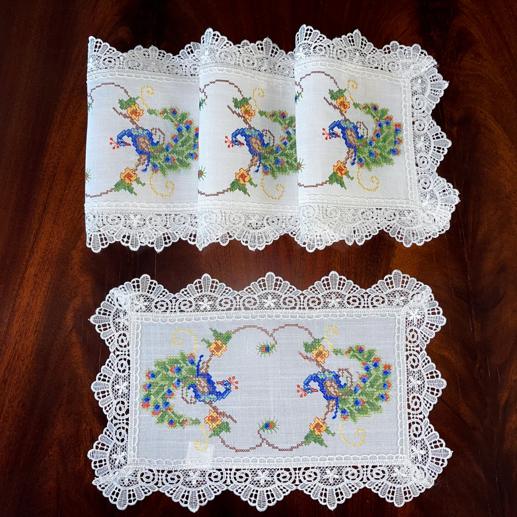 Floris Linens Peacock Embroidered Placemat with Lace, White Color