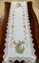 Load image into Gallery viewer, Floris Linens Peacock Embroidered Table Runner with Lace, White Color
