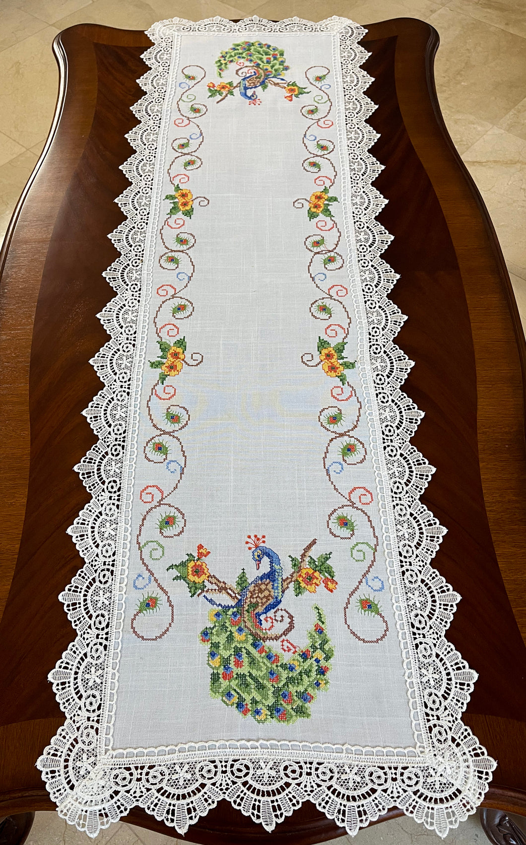 Floris Linens Peacock Embroidered Table Runner with Lace, White Color