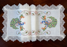 Load image into Gallery viewer, Floris Linens Peacock Embroidered Table Runner with Lace, White Color
