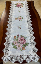 Load image into Gallery viewer, Floris Linens Katrina Cross Stitched Embroidery Laced Table Runner, White Color
