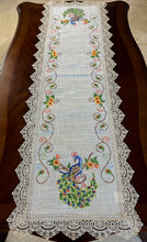 Load image into Gallery viewer, Floris Linens Peacock Embroidered Table Runner with Lace, Natural Linen Color
