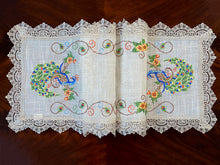 Load image into Gallery viewer, Floris Linens Peacock Embroidered Table Runner with Lace, Natural Linen Color
