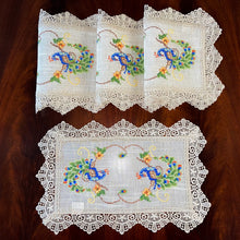 Load image into Gallery viewer, Floris Linens Peacock Embroidered Placemat with Lace, Natural Linen Color
