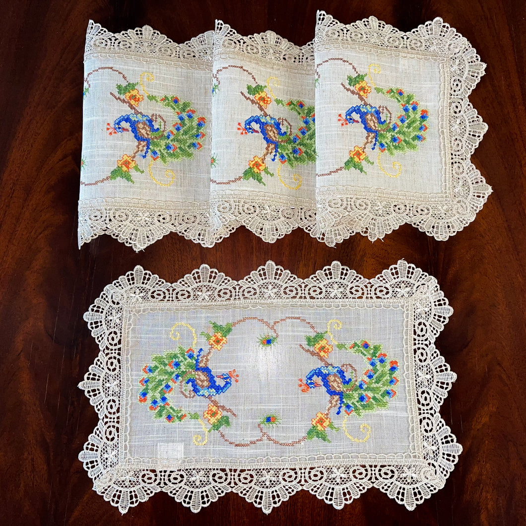 Floris Linens Peacock Embroidered Placemat with Lace, Natural Linen Color
