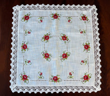 Load image into Gallery viewer, Floris Linens Molly Embroidered Rose Table Topper with Intricate Lace Pattern
