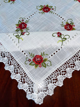 Load image into Gallery viewer, Floris Linens Molly Embroidered Rose Table Topper with Intricate Lace Pattern
