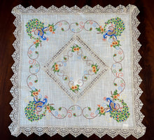 Load image into Gallery viewer, Floris Linens Peacock Embroidered Table Topper with Lace, Natural Linen Color
