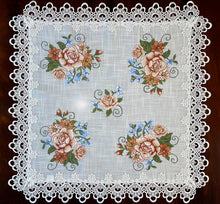 Load image into Gallery viewer, Floris Linens Judith White Lace Table Topper with Vintage Style Cross Stitched Flower Embroidery
