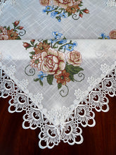 Load image into Gallery viewer, Floris Linens Judith White Lace Table Topper with Vintage Style Cross Stitched Flower Embroidery
