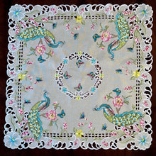 Load image into Gallery viewer, Floris Linens Asha Peacock Table Topper with Cross Stitch Embroidery Cutwork, 35&quot; x 35&quot;
