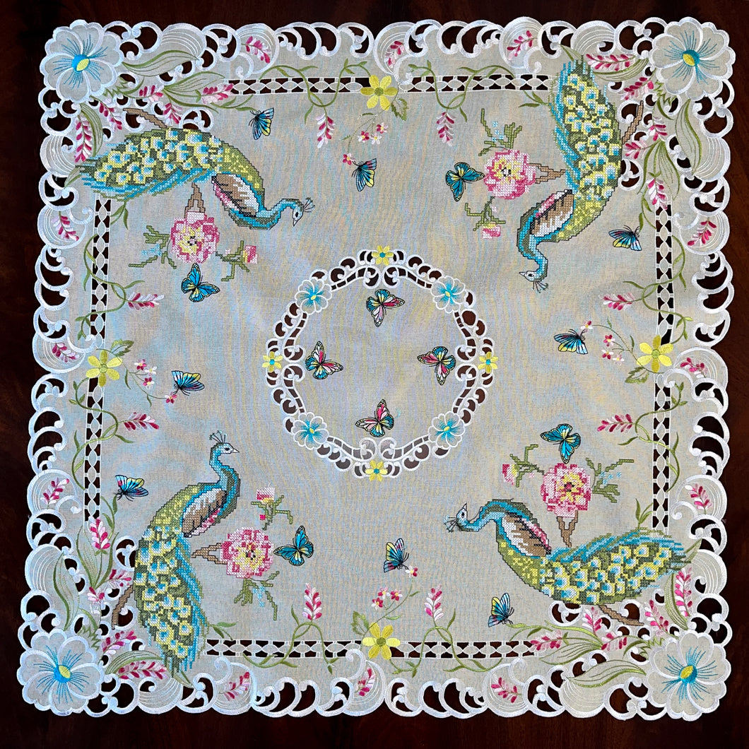 Floris Linens Asha Peacock Table Topper with Cross Stitch Embroidery Cutwork, 35
