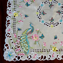 Load image into Gallery viewer, Floris Linens Asha Peacock Table Topper with Cross Stitch Embroidery Cutwork, 35&quot; x 35&quot;
