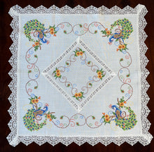 Load image into Gallery viewer, Floris Linens Peacock Embroidered Table Topper with Lace, White Color
