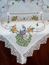 Load image into Gallery viewer, Floris Linens Peacock Embroidered Table Topper with Lace, White Color
