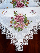 Load image into Gallery viewer, Floris Linens Katrina Cross Stitched Embroidery Laced Table Topper, White Color
