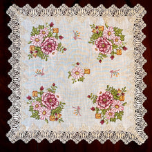 Load image into Gallery viewer, Floris Linens Katrina Cross Stitched Embroidery Laced Table Topper, Natural Linen Color
