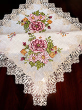 Load image into Gallery viewer, Floris Linens Katrina Cross Stitched Embroidery Laced Table Topper, Natural Linen Color
