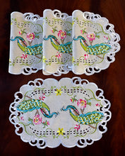 Load image into Gallery viewer, Floris Linens Asha Peacock Placemat with Cross Stitch Embroidery Cutwork
