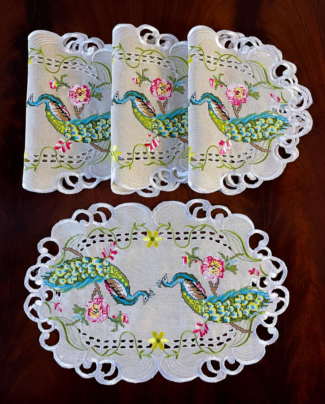 Floris Linens Asha Peacock Placemat with Cross Stitch Embroidery Cutwork