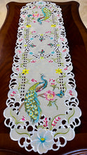 Load image into Gallery viewer, Floris Linens Asha Peacock Table Runner with Cross Stitch Embroidery Cutwork
