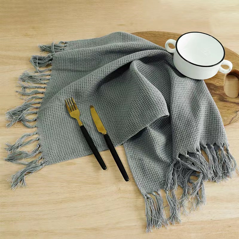 Floris Linens Set of 2, 100% Dyed Cotton Handmade Tassels Tea Towels, Dish Towel, Decorative Kitchen Towel