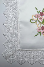 Load image into Gallery viewer, Floris Linens Francis Table Runner with Vintage Style Embroidered Flowers and Lace
