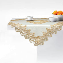 Load image into Gallery viewer, Floris Linens Ellen Victorian Embroidered Table Topper with Classic Golden Lace and High Quality White Fabric
