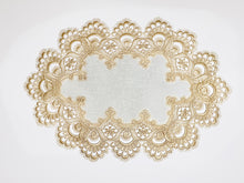 Load image into Gallery viewer, Floris Linens Ellen Victorian Embroidered Placemat with Classic Golden Lace and High Quality White Fabric
