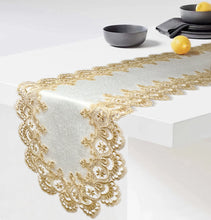 Load image into Gallery viewer, Floris Linens Ellen Victorian Embroidered Table Runner with Classic Golden Lace and High Quality White Fabric
