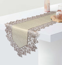 Load image into Gallery viewer, Floris Linens Susan Victorian Embroidery Table Runner with Classic Lilac Lace on Ivory Fabric
