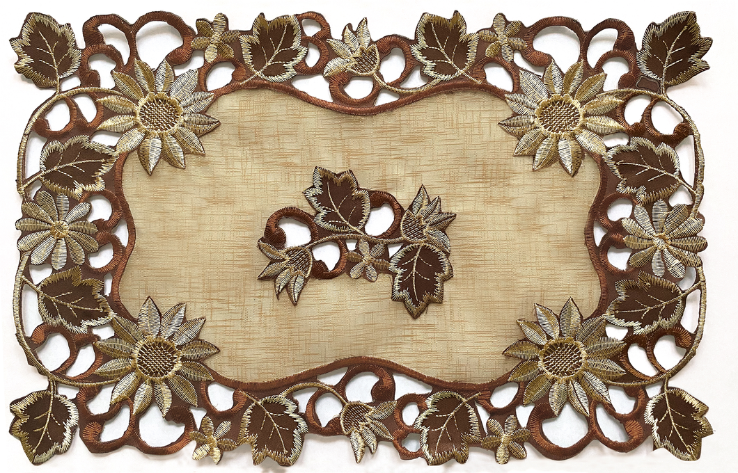 Floris Linens Riva Brown Leaves Embroidered Placemat on Cutwork Fabric