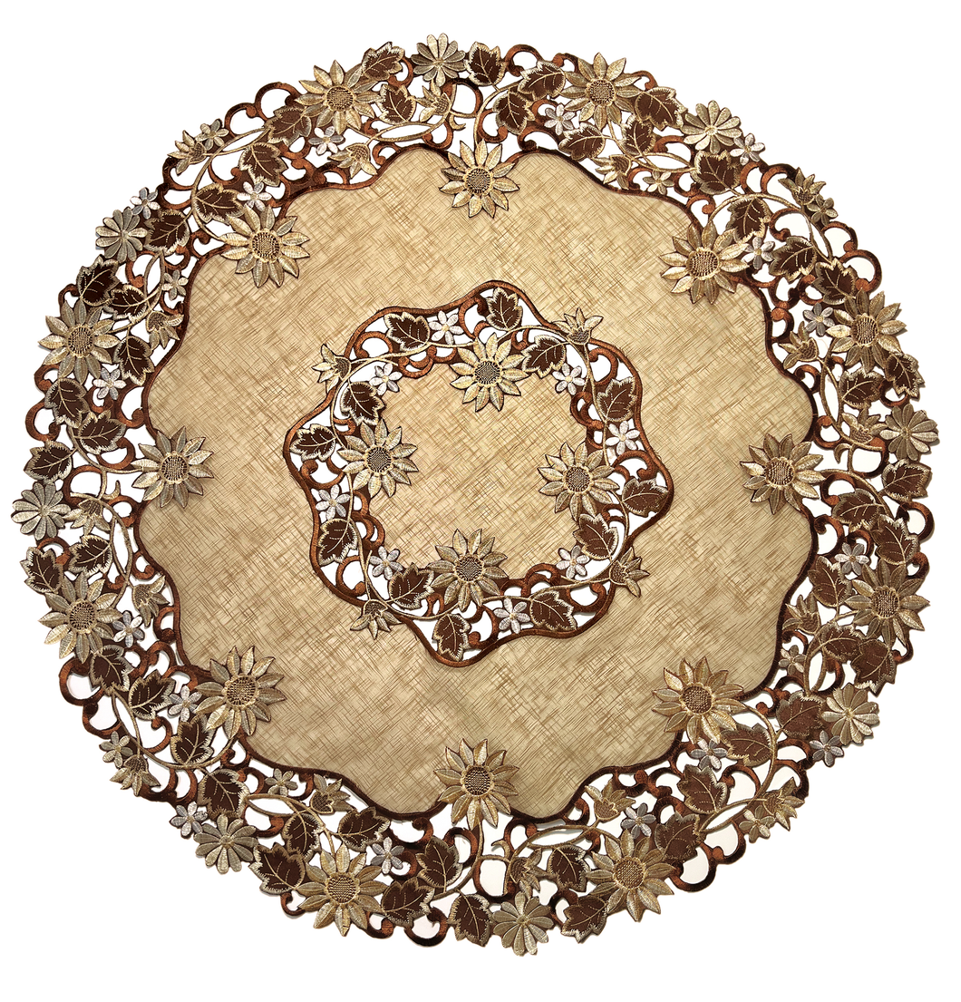 Floris Linens Riva Brown Leaves Embroidered Table Topper on Cutwork Fabric