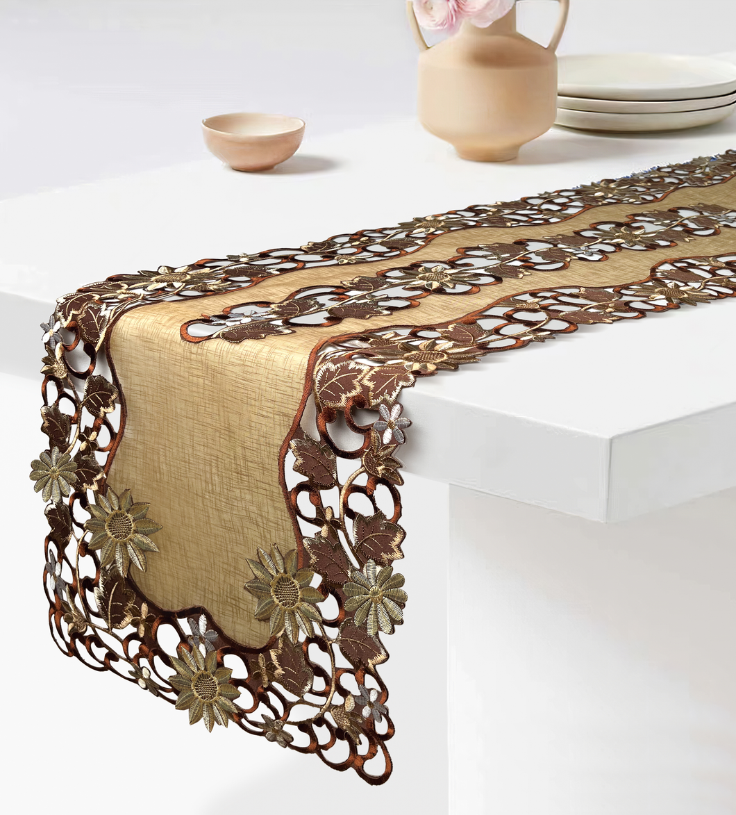 Floris Linens Riva Brown Leaves Embroidered Table Runner on Cutwork Fabric