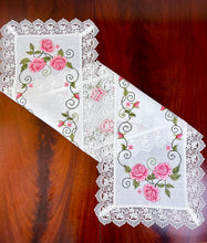 Load image into Gallery viewer, Floris Linens Rasa Embroidered Rose Table Runner with Intricate Lace Pattern, Cross-Stitched
