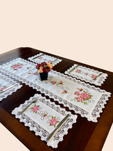 Load image into Gallery viewer, Floris Linens Ruby Laced Table Runner with Rose and Butterfly Cross Stitch Embroidery
