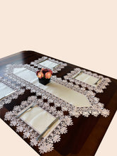 Load image into Gallery viewer, Floris Linens Susan Victorian Embroidery Table Runner with Classic Lilac Lace on Ivory Fabric
