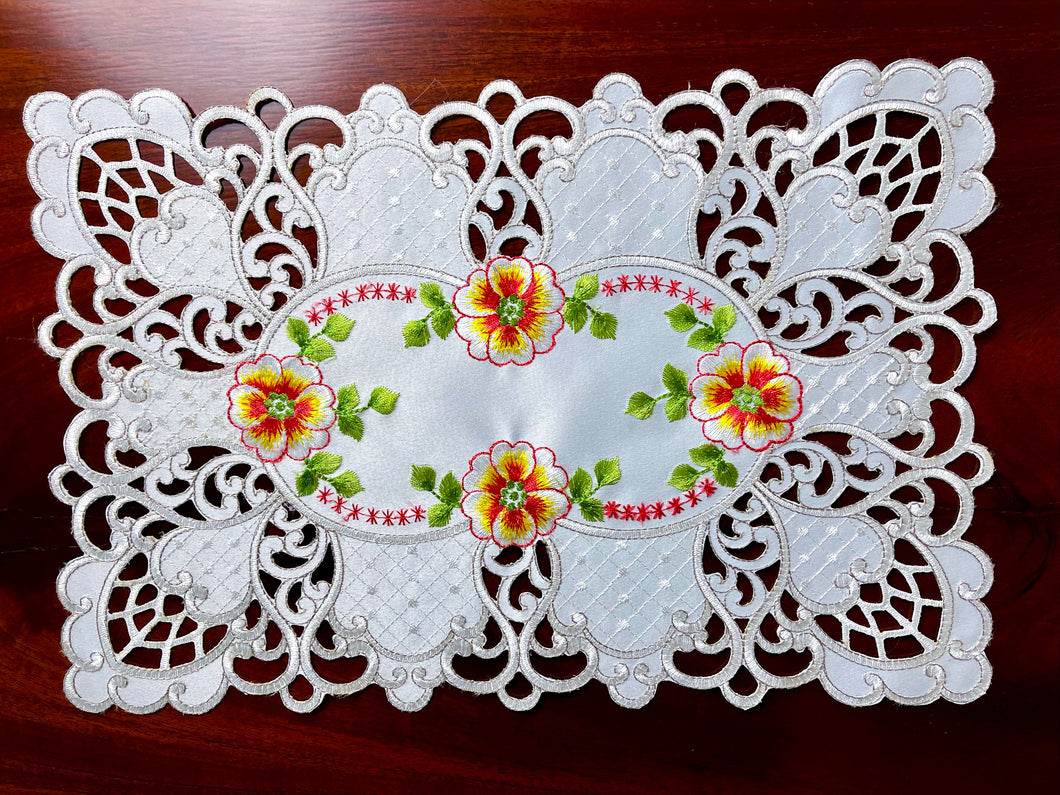 Floris Linens Cutwork Placemat with Orange Cosmos Flowers Embroidery
