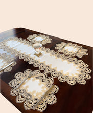 Load image into Gallery viewer, Floris Linens Ellen Victorian Embroidered Table Runner with Classic Golden Lace and High Quality White Fabric

