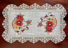 Load image into Gallery viewer, Floris Linens Catalina Lace Natural Colored Placemat with Butterfly and Flower Basket Cross Stitch Embroidery

